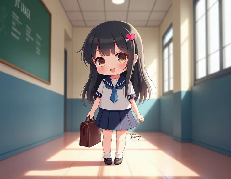 "A cute chibi-style schoolgirl character named Khanh Thy. She has long straight black hair with a simple hairclip, a heart-shaped face with big round eyes, and a charming innocent smile. She is wearing a white shirt with a blue tie, paired with a navy-blue...