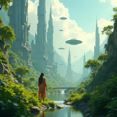 A scene of rebirth: futuristic cities emerging in lush green landscapes, people living in harmony with nature, and technological innovations like flying vehicles. Use bright and hopeful lighting to show optimism." indian realistic character 4k 