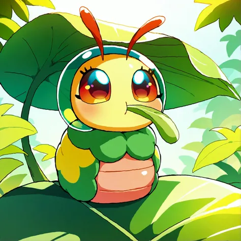 A cute caterpillar ( cute woman, bug bikini, age 20, bug eye helmet, has a mouth full of leaf and is adorably looking to the sky in panic, she is in a bird silhouette on a leaf she is eating, sunny day
