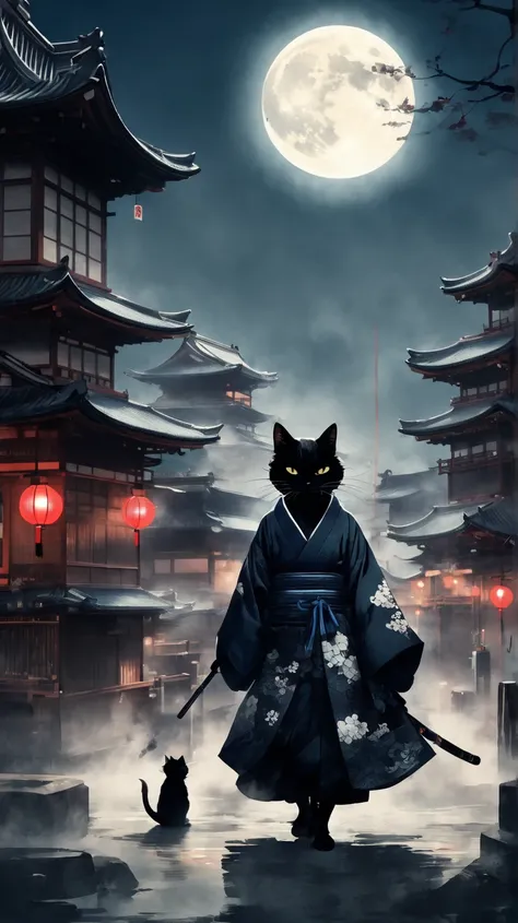 The black cat was dressed as an Onmyoji with a shamisen、Full Moon Behind　Japanese style　Ink Painting