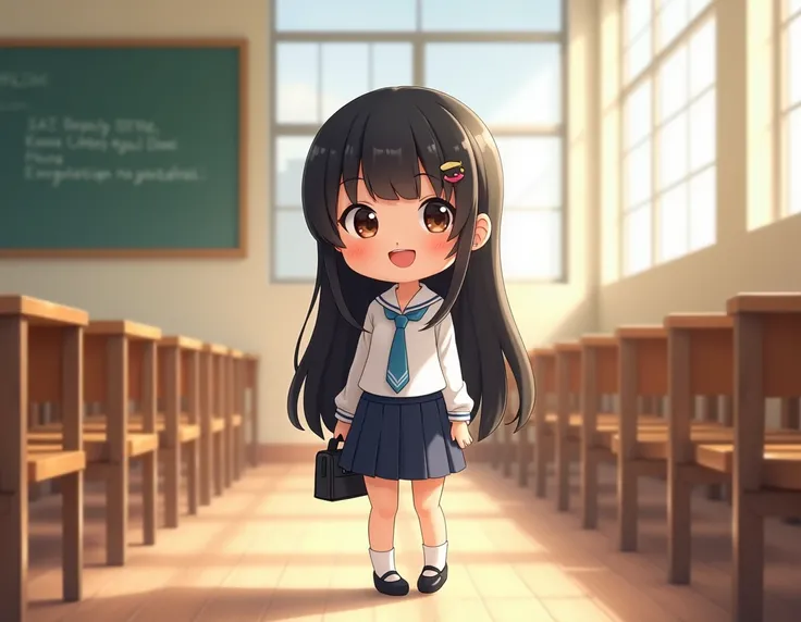 "A cute chibi-style schoolgirl character named Khanh Thy. She has long straight black hair with a simple hairclip, a heart-shaped face with big round eyes, and a charming innocent smile. She is wearing a white shirt with a blue tie, paired with a navy-blue...