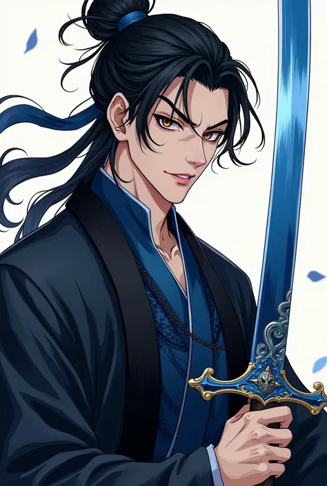  Create for me a character from a fantasy Chinese manga he wears Hanfu clothing black color with dark blue details,  his face is expressive and long with a square jaw ,  with an angled nose and his eyebrows are thin and arched ,  giving the feeling of iron...