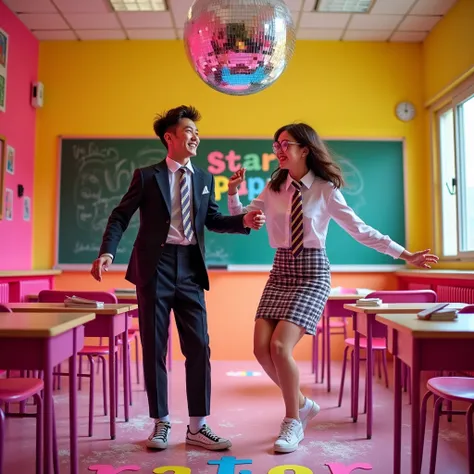 A bright and colorful classroom with neon pink and yellow accents. The desks are pushed aside and a large rainbow-colored disco ball hangs from the ceiling, casting vibrant lights across the room. In the center, a lively young man dressed in a flashy schoo...