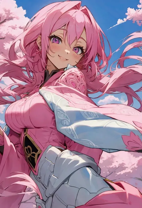 Anime woman, with pink hair, beautiful background, smiling,  