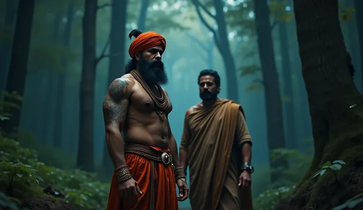 A Very Clear 4K Ultra HD Dynamic Image Of "King Vikramaditya was a strong, majestic man, dressed in traditional Indian attire, an orange turban, tattoos on his muscular chest and arms, a thick beard and a serious, determined facial expression.The king and ...