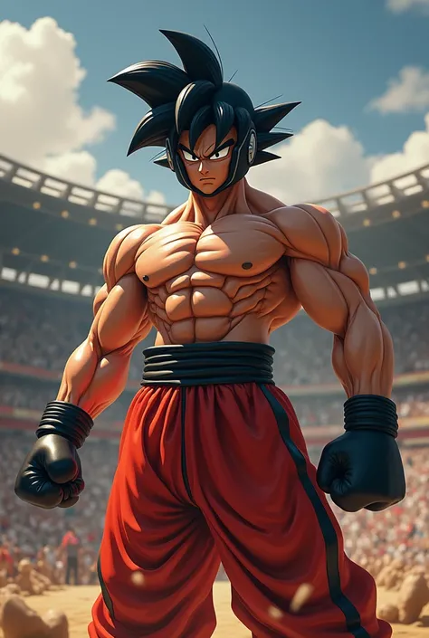 goku (s ) (delgado )  tournament wearing red shorts with a black line , black boxing gloves  ,  shirtless  , black boxing helmet 