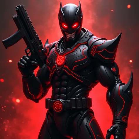 A super powerful balck & red ranger hold a modern gun with evil smile and his pose should be unique with full of arrogant attitude. His background should be dark fire particles.