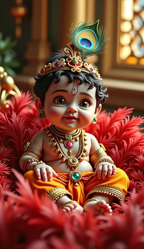 Hindu god cute little baby krishna wearing orange dhoti jwellery crown and peacock feather on head sitting on red feather bed in golden palace 