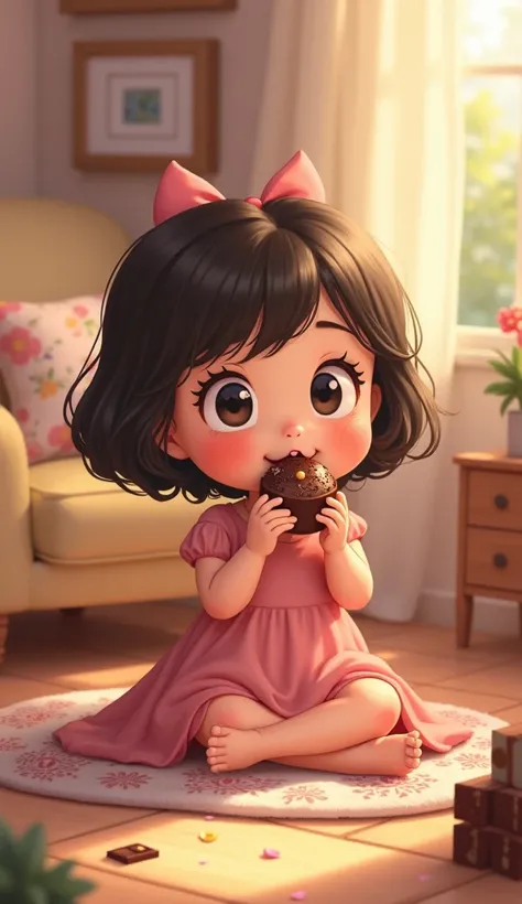 A cute cartoon girl eating chocolate in a room,Romanticism, 