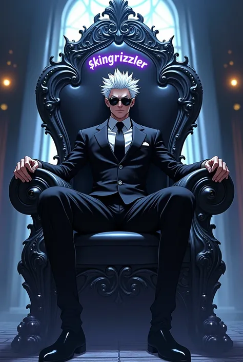 A highly detailed anime-style illustration of a character inspired by Gojo Satoru sitting confidently on a majestic, futuristic throne. The throne is engraved with the text $kingrizzler in glowing neon font. The character has spiky white hair, stylish blac...