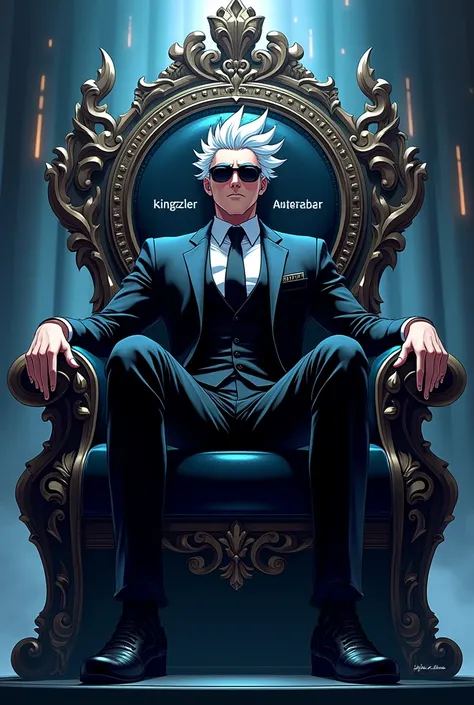 A highly detailed anime-style illustration of a character inspired by Gojo Satoru sitting confidently on a majestic, futuristic throne. The throne is engraved with the text $kingrizzler in glowing neon font. The character has spiky white hair, stylish blac...