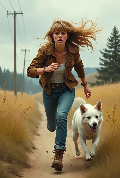 A rural scene featuring a naturally proportioned woman (neither too slim nor too heavy) with long, loose, light brown hair (almost blonde) styled with bangs. She is running in fear, screaming, trying to escape from a tiny white dog that is 1/10 her size. T...