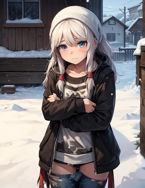 A sad and dirty girl wearing only torn clothes while it snows. Age 21. The girl is very poor and doesn&#39;t even have a place to stay. The girl is so cold. Let the picture style be anime. Her outfit is torn and thin. He has no clothes. He has no clothes t...