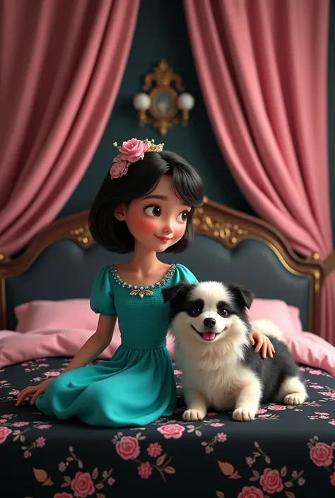 A Pixar cover 
A 15-year-old girl sitting on a bed wearing a turquoise dress with the crown the bed is made of diamond the sheet is black with flowers the curtains are old pink and black in the black ones there is a diamond cutter she has with her her litt...