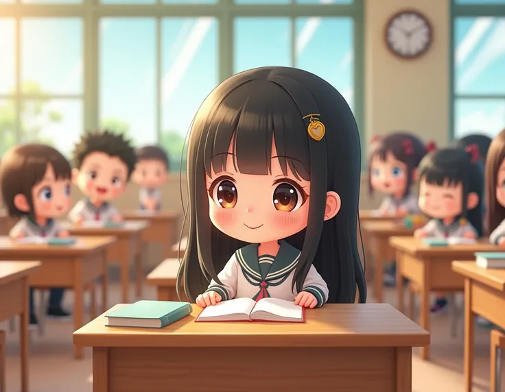 "A cute chibi-style schoolgirl character named Khanh Thy. She has long straight black hair with a simple hairclip, a heart-shaped face with big round eyes, and a charming innocent smile. She is sitting on a chair at the front of the classroom, looking forw...