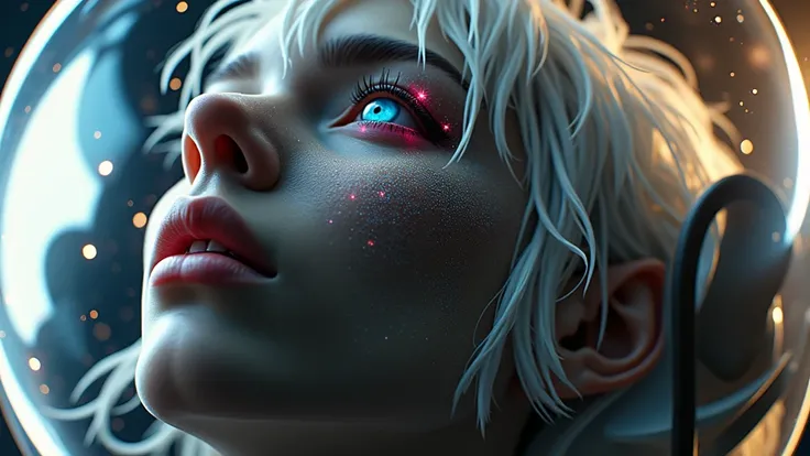 (Close-up of a better masterpiece:1.5)0.9], (Space and astronauts:1.2) (Messy silver hair:1.1) (Heterochromia xanthochromia and blue eyes:1.2) (Space Helmet:1.0) (Colored stars in the eyes:1.0) (A radiant glow:1.1) (thick lips:0.9)