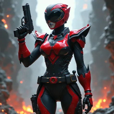 A super powerful futuristic balck & red ranger hold a modern gun with cool smile and tha gun holding on his shoulder and legs pose should be stylish attitude. His background should be furious.