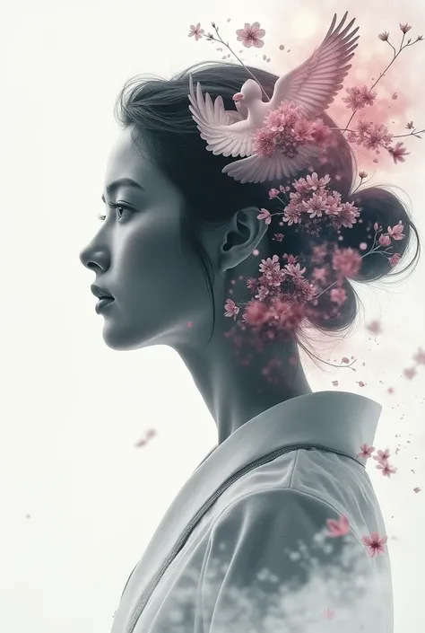 high quality, 8K Ultra HD, A beautiful double exposure that combines an womens face silhouette with flying bird, flying bird should serve as the underlying backdrop, with its details incorporated into the goddess , crisp lines, The background is monochrome...