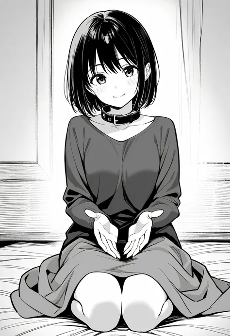 score_9,score_8_up,score_7_up,rating_safety,source_manga,masterpiece,best quality,hyper detailed,super fine illustration,8k,front view,(monochrome:1.3),BREAK 1girl,solo,30yo,black hair,short hair,smile,collar,pajama,BREAK spread hands,seiza,sitting,BREAK m...