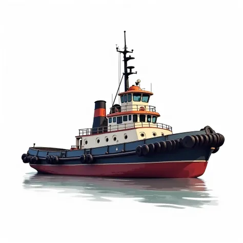 Tugboat, watercolor with clear outlines and strong contrast, white background