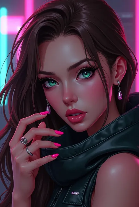 Arcane series style ,Women, long brown hair,pink nails, dark green eyes ,similar to Jinx from Arcane 