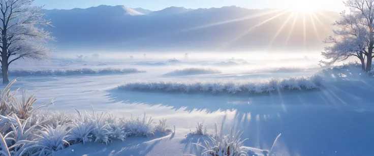 at winter season，Oyuki，snow landscape，Rime，rays of sunshine，thin fog，Dingdall effect，super-fine，tmasterpiece，8K，depth of fields，ultra - detailed，Meticulous portrayal，Ultra photo realsisim，Hyper-realistic