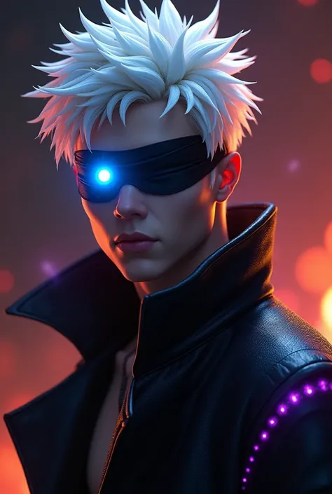 A striking character with snow-white, spiky hair that emits a faint, ethereal glow against a dim, shadowy background. His sharp and alluring facial features exude charisma and an air of quiet authority. He wears a futuristic jacket in sleek black with vibr...