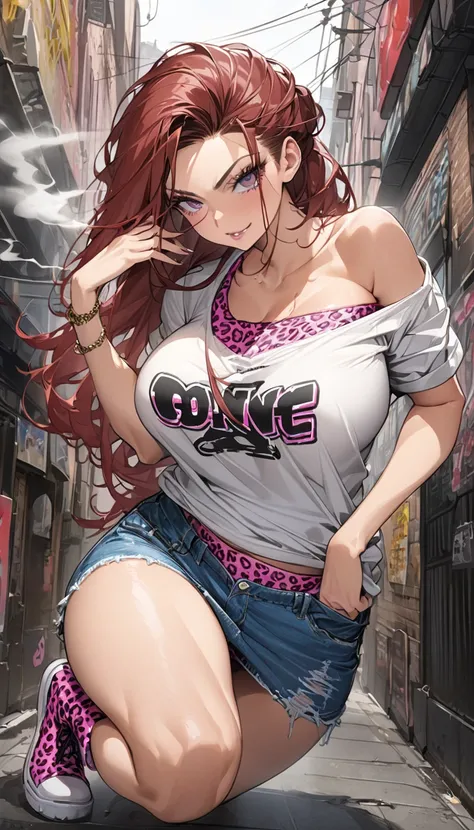 Ultra-high definition、 beautiful girl、Yankee Girl、Auburn Hair、Messy medium-long hair、 gal、 crowded streets 、 OFF SHOULDER T-SHIRT、 denim skirt、pink leopard print panties、  best quality ,  big butt、Thighs、Big Breasts、 high cut boots、Glare、 place your hands ...