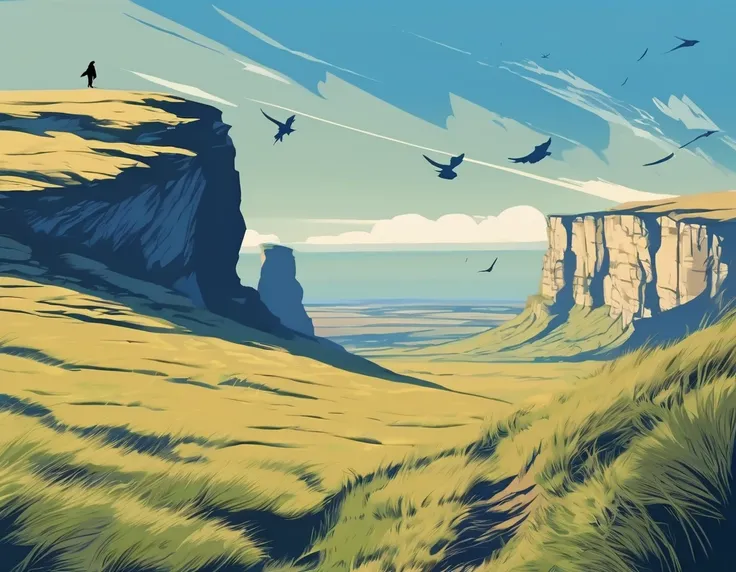 blue sky, High Cliffs , ((The Shadow of a Flying Bird)), sense of distance,  grass swaying in the wind ,  Desolate Scenery