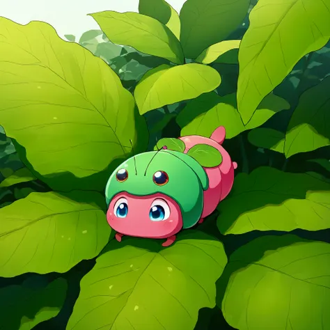 A cute caterpillar ( cute woman, bug bikini, age 20, bug eye helmet, has a mouth full of leaf and is adorably looking to the sky in panic, she is in a bird silhouette on a leaf she is eating, sunny day

