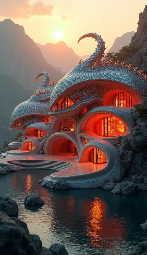 "A futuristic mansion with architecture inspired by an ornate dragon design, flowing metallic scale patterns, glowing fiery red lights illuminating the structure, surrounded by rugged mountain terrain and a reflective water body, sunset lighting creating a...