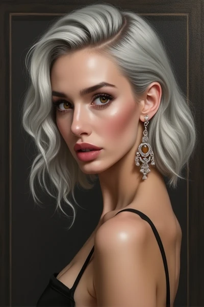 1 woman,Silver hair,reddish eyes, Beauty, Decadent Beauty,masterpiece, black dress, earring,  Top quality ,