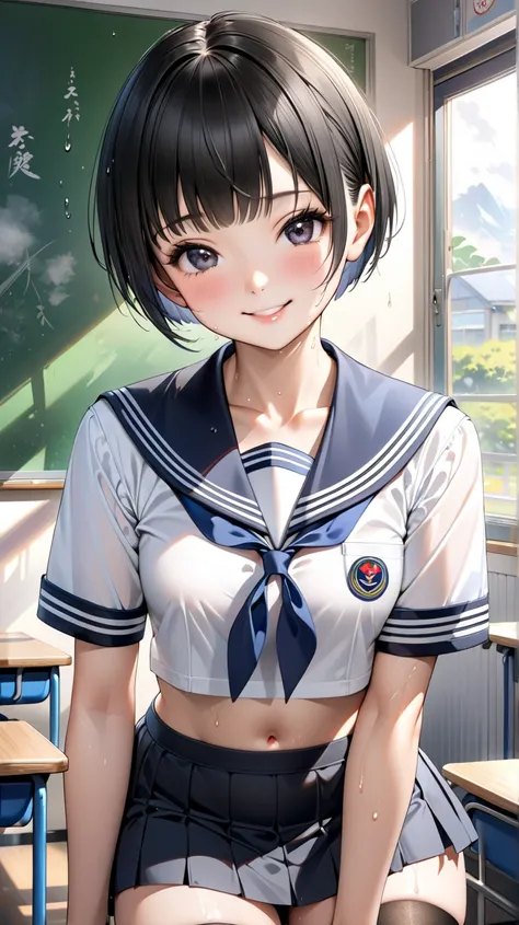 solo。
  realistic drawing。High image quality。 High Quality 。 DIGITAL PAINTING。

 motif (
Small breasted girl
）

face(
 smiles:0.8)。

eye(
Ash
)。

hair(black、 straight、Refreshing pixie cut:1.2)。

Appearance(black、 sailor suit 、abdomen、 Mini Skirt、underwear、...