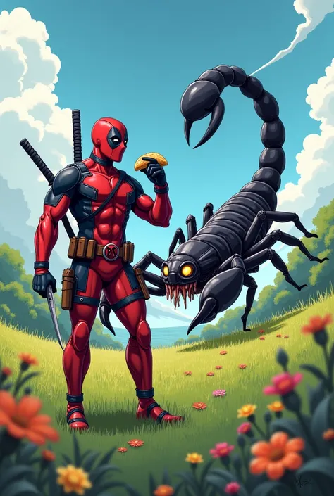 "Deadpool, clad in his signature red and black suit, stands nonchalantly on a grassy field under a bright blue sky, his twin katanas sheathed on his back. Beside him is a massive, venomous scorpion with a sleek black exoskeleton, glowing yellow eyes, and a...