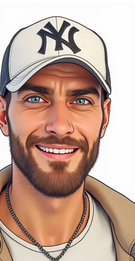 A hyper-realistic portrait of a younger man, approximately s younger, featuring striking light blue eyes, a meticulously groomed beard, and a confident yet charismatic expression. He is wearing a fitted black baseball cap that subtly frames his youthful fe...