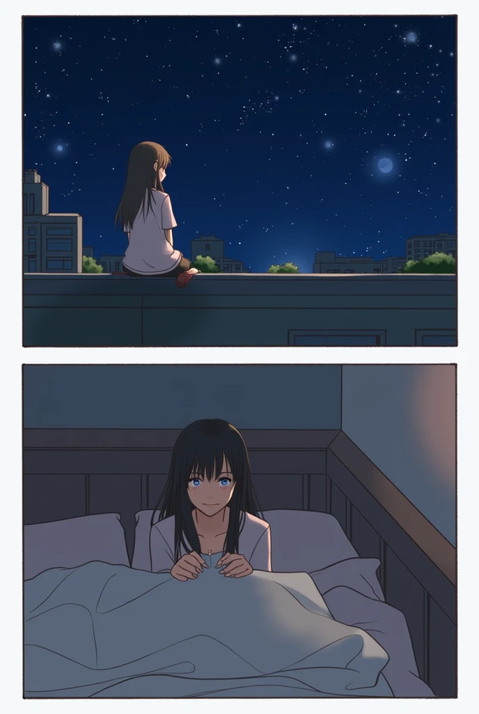 Can you create a comic book with 2 panel. The first panel is  a girl that has along hair sitting in their house rooftop looking in the moon and star. The second pañel is the same girl who is going  ready to get in her bed 