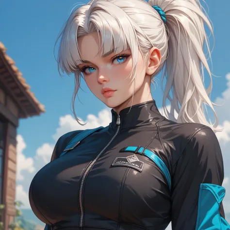 sexy woman,  White hair,  tied hair style with cropped bangs,  wearing plain black jumpsuit, black knitted jumpsuit , Cyan blue eyes , huge thigh, huge tits,  definite athletic physique