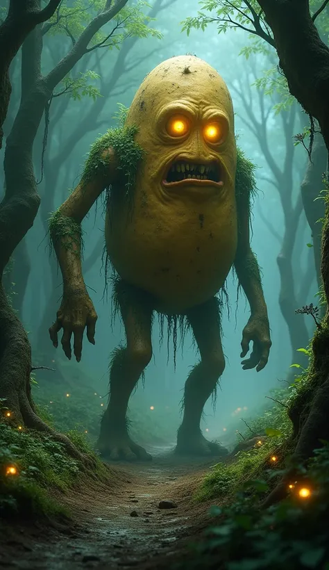 A mesmerizing and eerie fantasy scene of a gigantic, humanoid potato walking through a dark, enchanted forest. The potato has rough, textured skin, with twisted root-like legs and thick, gnarled arms extending outward, covered in moss and dirt. Its glowing...