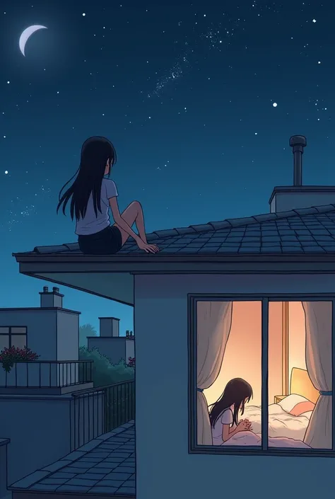 Can you create a comic book with 2 panel. The first panel is  a girl that has along hair sitting in their house rooftop looking in the moon and star. The second pañel is the same girl who is going  ready to get in her bed 