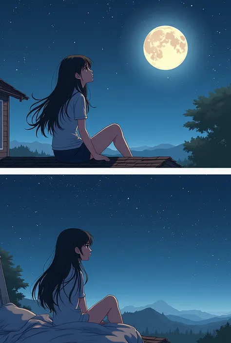 Can you create a comic book with 2 panel. The first panel is  a girl that has along hair sitting in their house rooftop looking in the moon and star. The second pañel is the same girl who is going  ready to get in her bed .