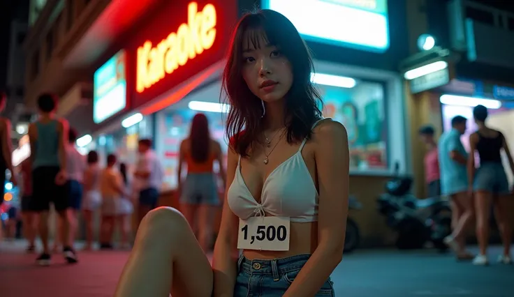 Thai girl ,20 years old ,Very white skin, very big breasts,Wearing a white bra, jeans shorts , sitting in front of a karaoke shop,Holding a signที่เขียนว่า 1,500,Holding a sign,  Many passers-by ,Night shots , in the heart of Muan Luang 