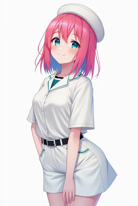 solo、 girl、all white 、uniform、hat、bright colored skin 、 shorts、 clothes up to the chest。