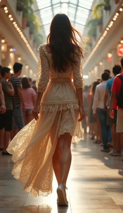 A gorgeous girl, full body portrait, view from behind, legs apart, wearing a loose intricate top, a flowy ruffle skirt blowing in the wind, in a crowd of onlookers inside of a busy mall, 