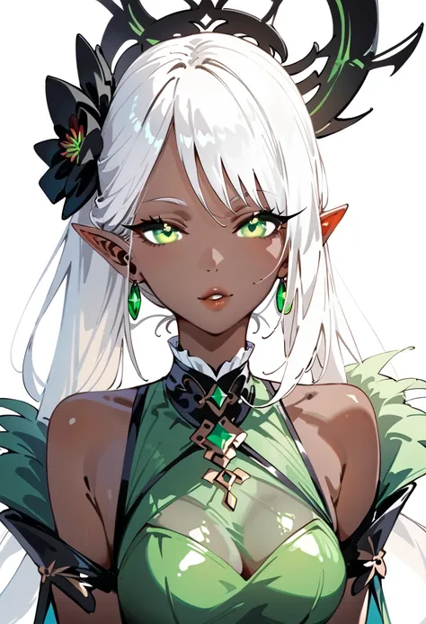 a beautiful girl with dark skin and vitiligo, long white hair, green eyes, elf ears, sexy,curvy,detailed elf costume,fantasy,concept art,vibrant colors