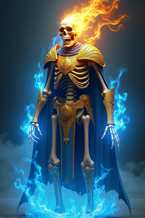 Skeleton with a head on fire blue wearing gold armor that comes out of blue fire underneath 