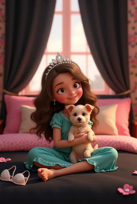 A Pixar cover 
A girl in a turquoise dress with a crown in her hair sitting between her legs in her black bed with pink flowers her bedroom has black curtains and old pink curtains in the black ones washes a diamond bra with her she has her little cream do...