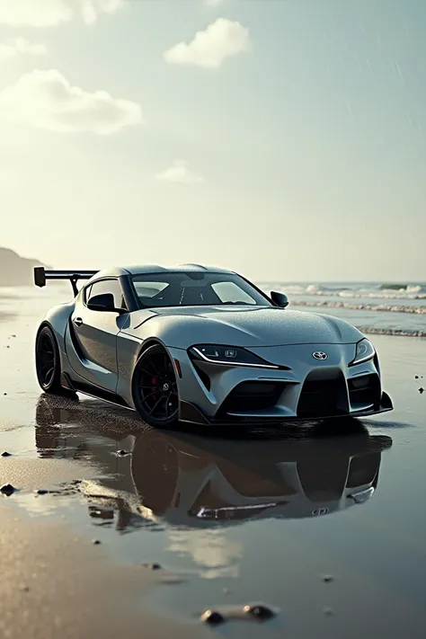 Toyota supra At the beach with a light rain