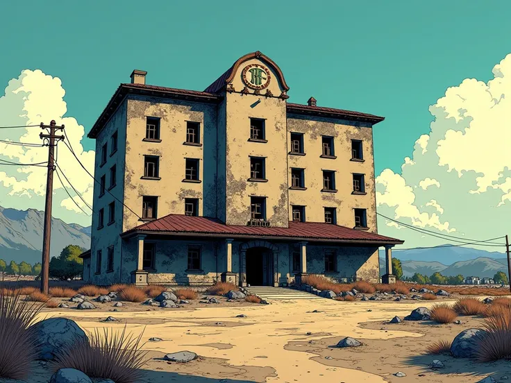 a hotel, post-apocalyptic thematic, uninhabited, comic drawing style, HD, very detailed, in the background a village