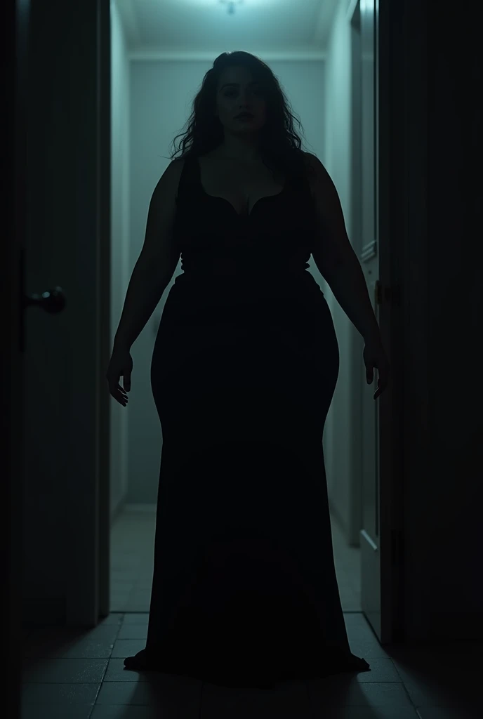 Curvy plus size woman in tight maxi dress standing in a doorway, silhouette, standing in a dimly lit room, ,mysterious woman, opening door, realistic, hyper realistic, photorealism,(best quality,4k,8k,masterpiece:1.2),ultra-detailed,(realistic,photorealist...