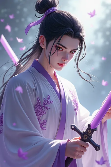  Create for me a fantasy Chinese manga character of him wears hanfu clothes in white with almost transparent light lilac flower details,  his face is inexpressive but angular ,  with an arched nose and his eyebrows are striking ,  giving the feeling of sti...